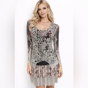 STYLE Long Sleeve Multi Print Dress With Mesh Size Small Layered